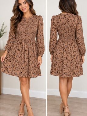 Ava & Viv Brown Floral Smocked Waist Long-Sleeve Mini Dress